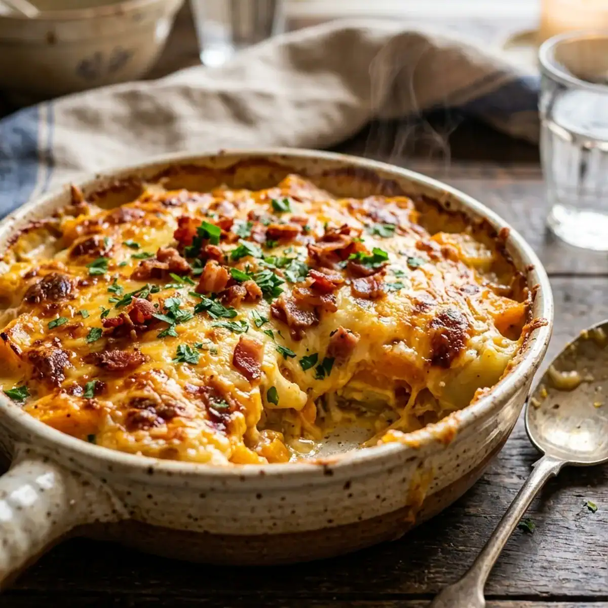Herzhaftes Kürbis-Kartoffel-Gratin mit knusprigem Speck