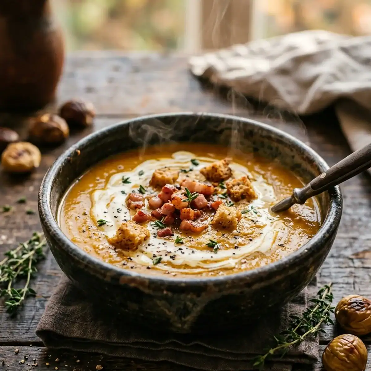Cremige Kürbis-Maronen-Suppe mit krossem Speck
