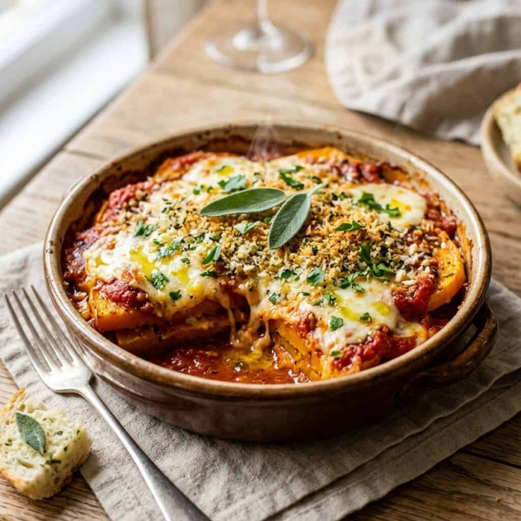 Frisch gebackene Kürbis-Parmigiana in einer Auflaufform, geschichtet mit Tomatensauce, geschmolzenem Käse und goldbraun gerösteter Knusperkruste.