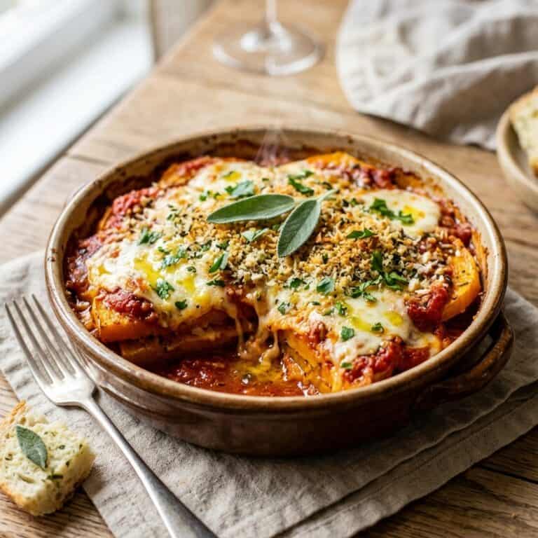 Frisch gebackene Kürbis-Parmigiana in einer Auflaufform, geschichtet mit Tomatensauce, geschmolzenem Käse und goldbraun gerösteter Knusperkruste.