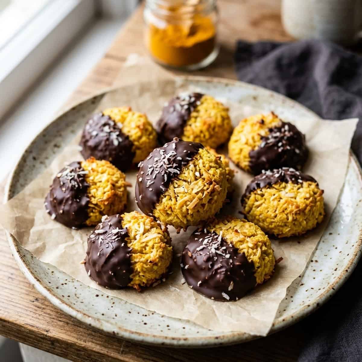 Vegane Kurkuma-Kokosmakronen mit knackiger Zartbitterglasur