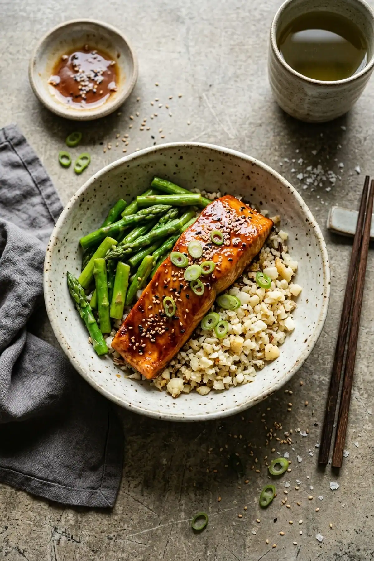Lachs-Teriyaki Bowl mit grünem Spargel und Blumenkohlreis