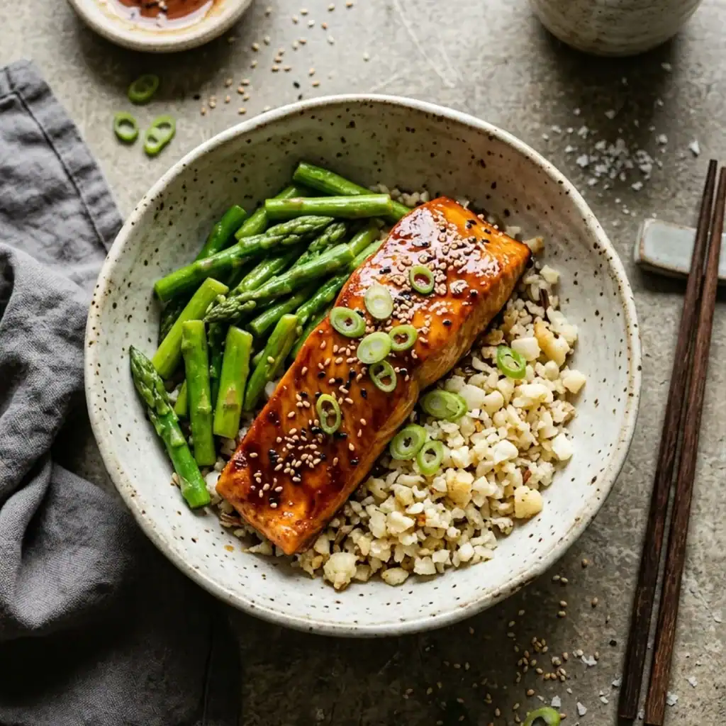 Draufsicht auf eine Steingut-Bowl mit glasiertem Teriyaki-Lachs, grünem Spargel und Blumenkohlreis, bestreut mit Sesam und Frühlingszwiebeln.