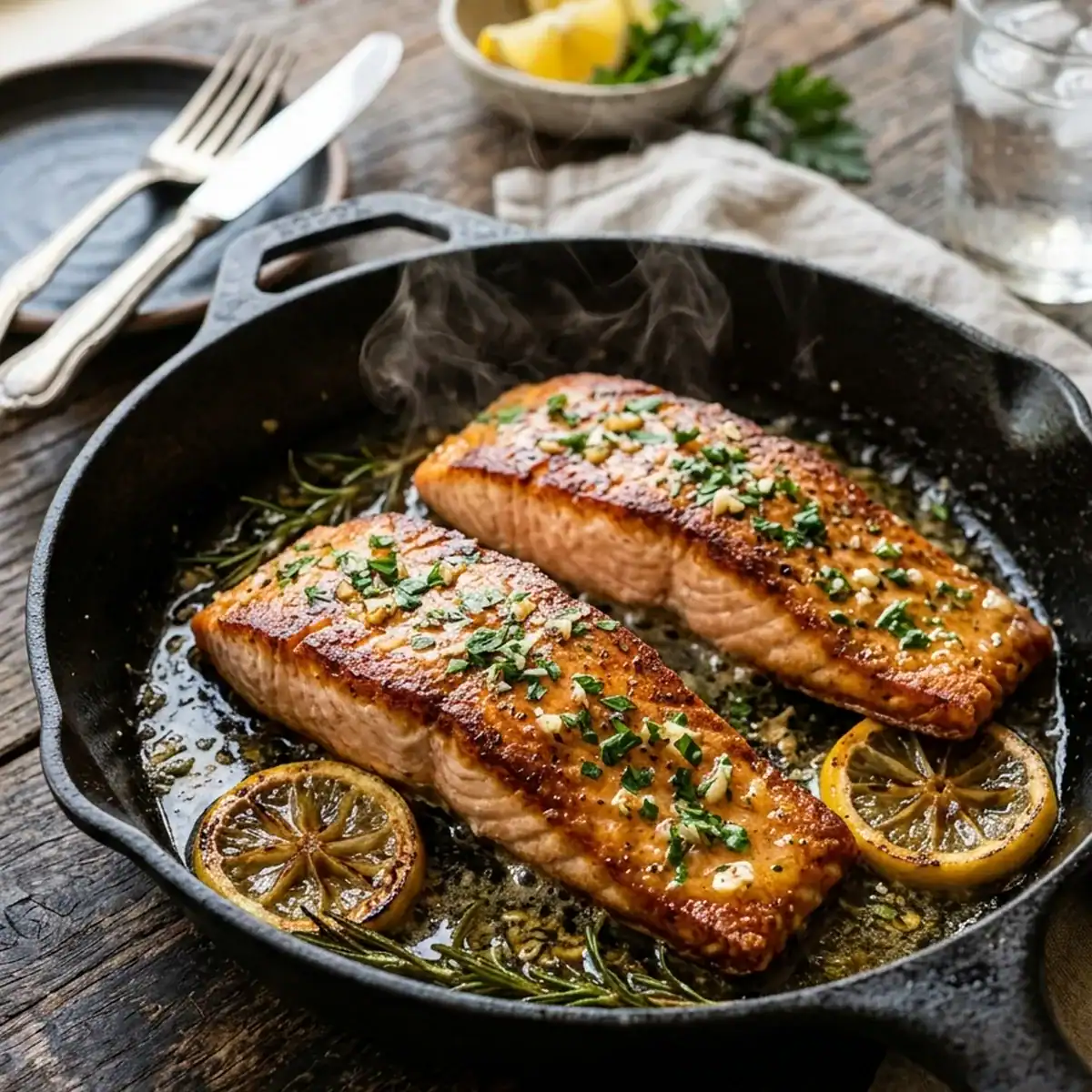 Knuspriges Lachsfilet in feiner Zitronen-Knoblauch-Butter