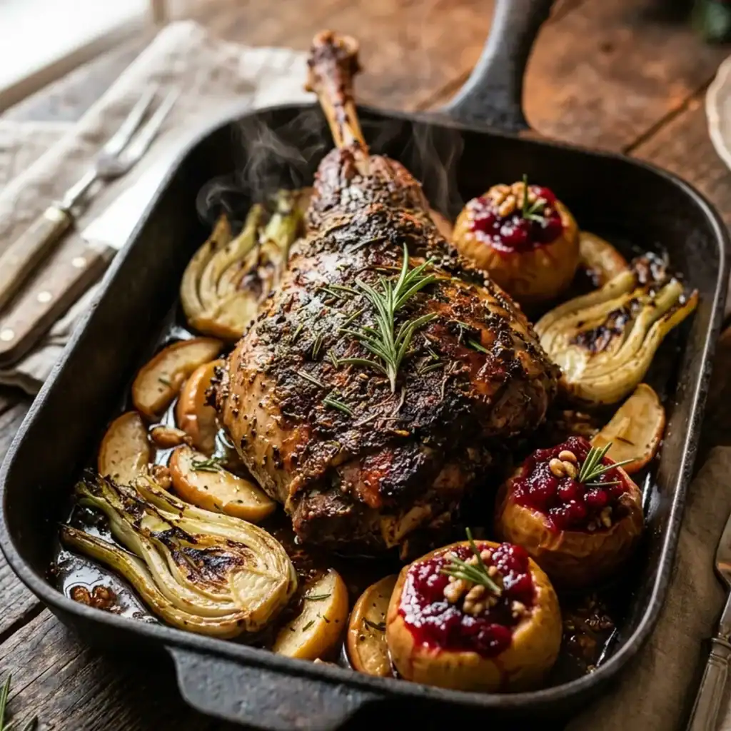 Saftig geschmorte Lammkeule serviert in einer Bratform mit gevierteltem Fenchel und mit Cranberrysauce gefüllten Äpfeln.