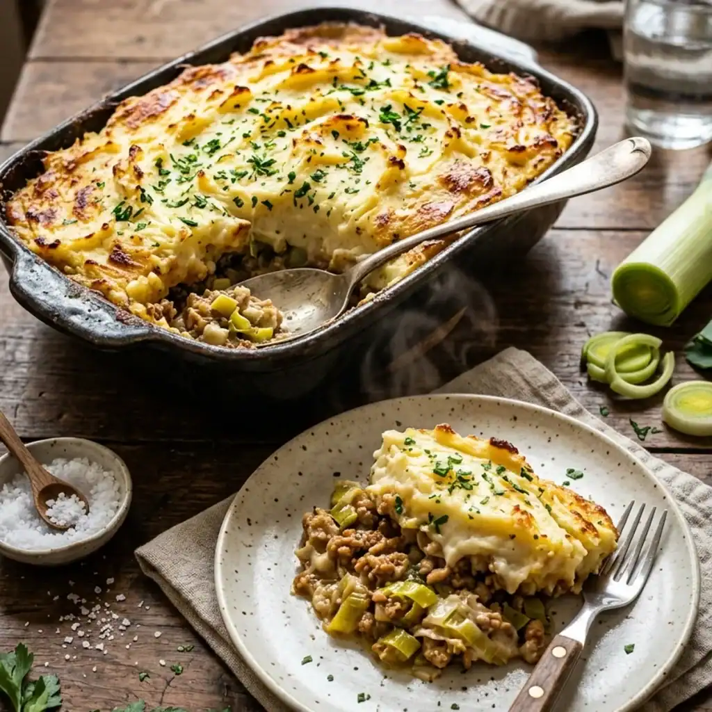 Frisch gebackener Auflauf mit saftigem Hackfleisch, Lauch und einer goldbraun überbackenen Kartoffelpüree-Kruste in einer Auflaufform.