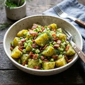 Lauwarmer Kartoffelsalat mit krossem Speck, frischem Dill-Kräuter-Dressing und Frühlingszwiebeln in einer rustikalen Tonschale