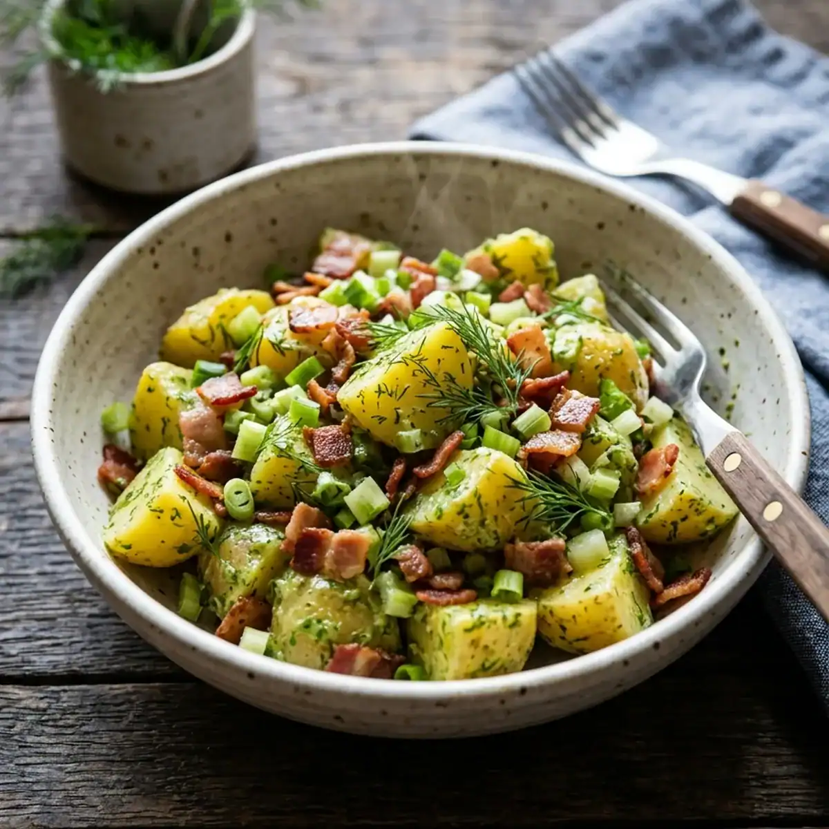 Lauwarmer Kartoffelsalat mit krossem Speck und grünem Kräuter-Dressing