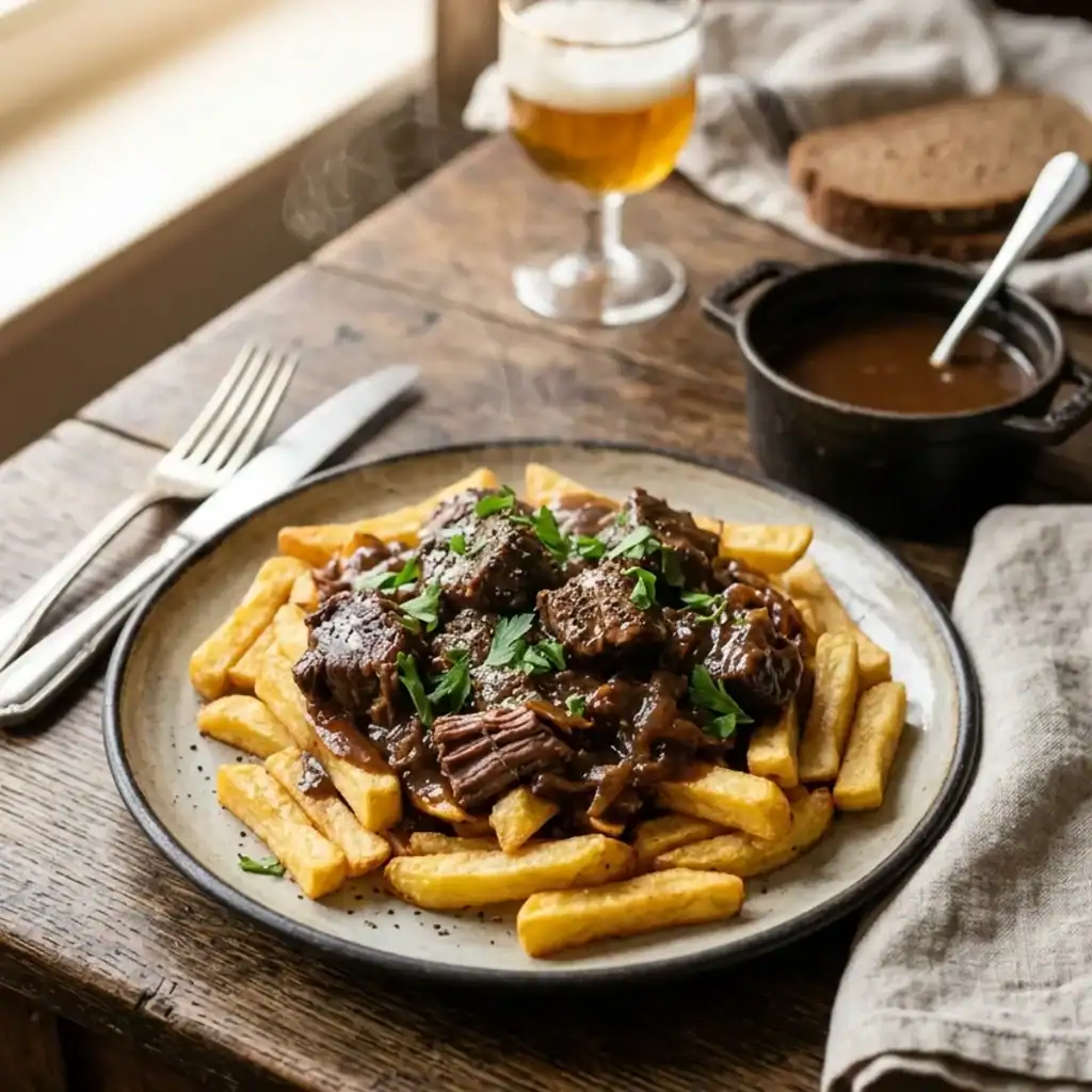 Serviertes Limburger Sauerfleisch mit dunkler sämiger Sauce auf goldbraunen Pommes frites auf einem rustikalen Teller.