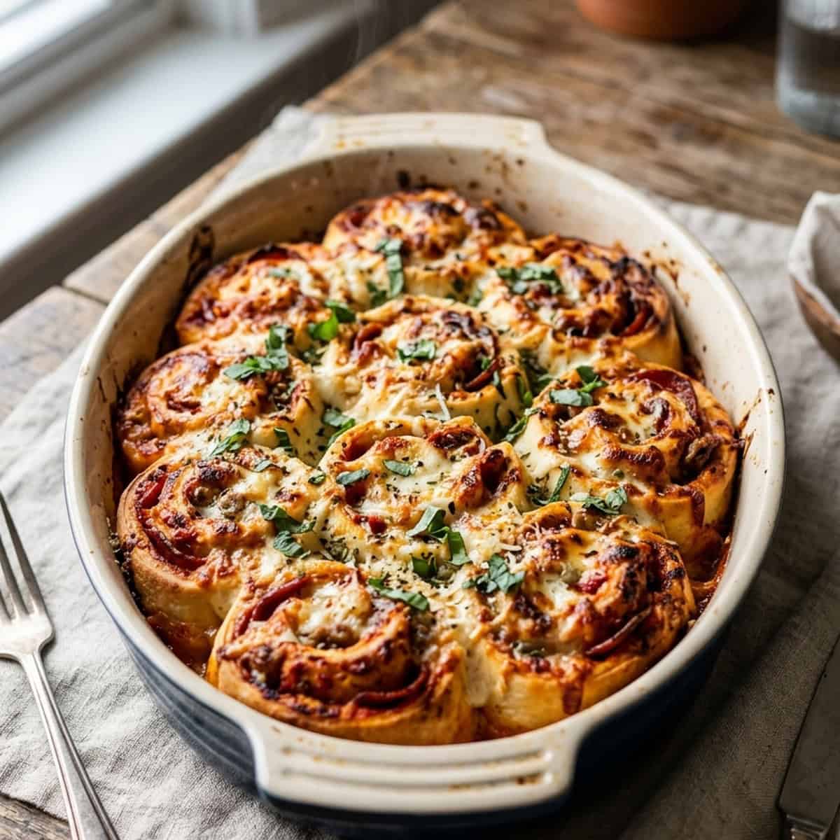 Luftige Hefe-Pizzaschnecken mit Tomatensauce und Mozzarella