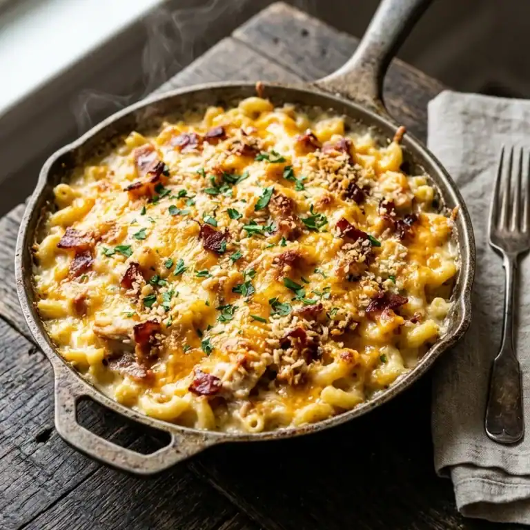 Cremiger Nudelauflauf mit zarten Hähnchenstücken und knusprigem Bacon unter einer goldgelb geschmolzenen Käse-Kruste in einer gusseisernen Pfanne.