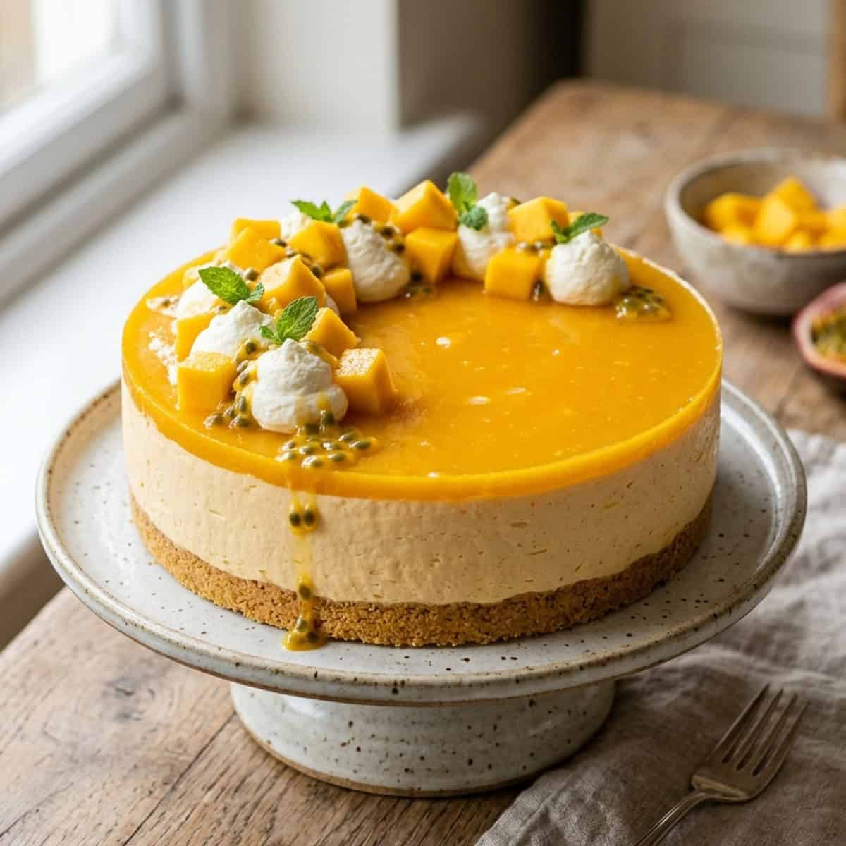 Fruchtiger No-Bake Mango-Käsekuchen mit Passionsfrucht