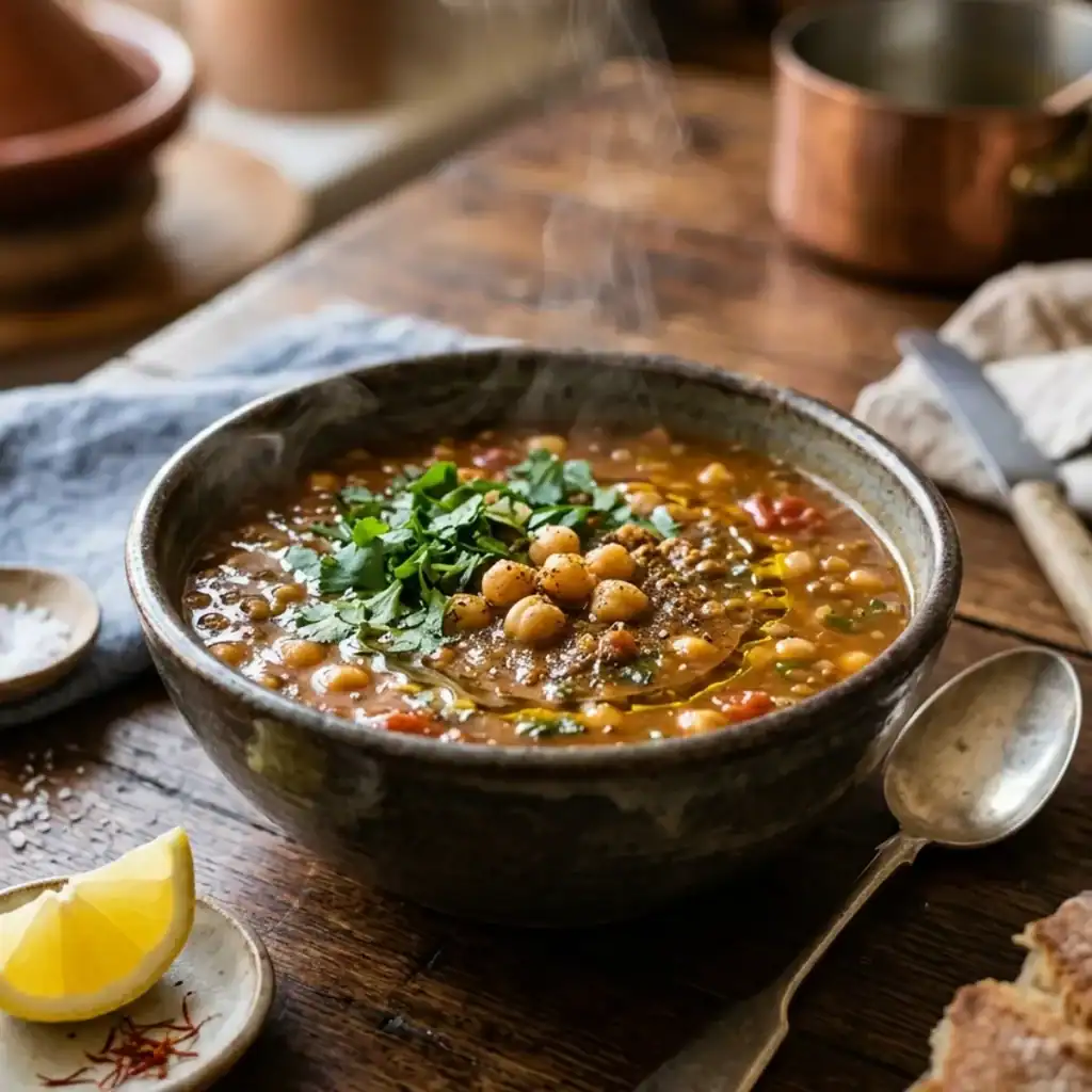 Dampfende Schale marokkanische Harira-Suppe mit Kichererbsen, frischen Kräutern und Zitrone auf rustikalem Holztisch