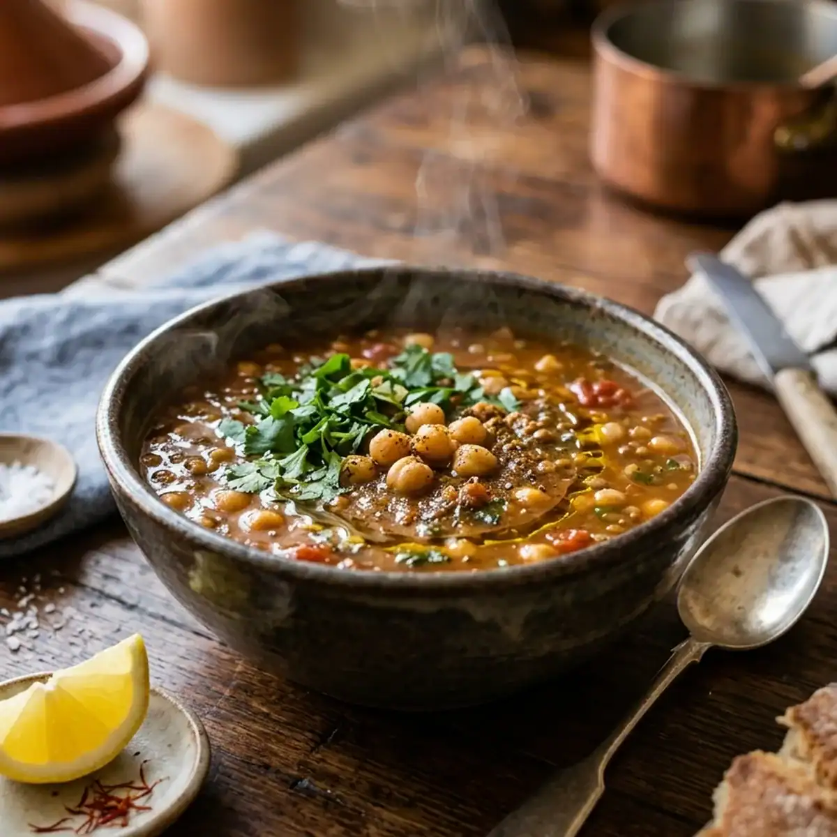 Würzige marokkanische Harira mit Kichererbsen und Safran