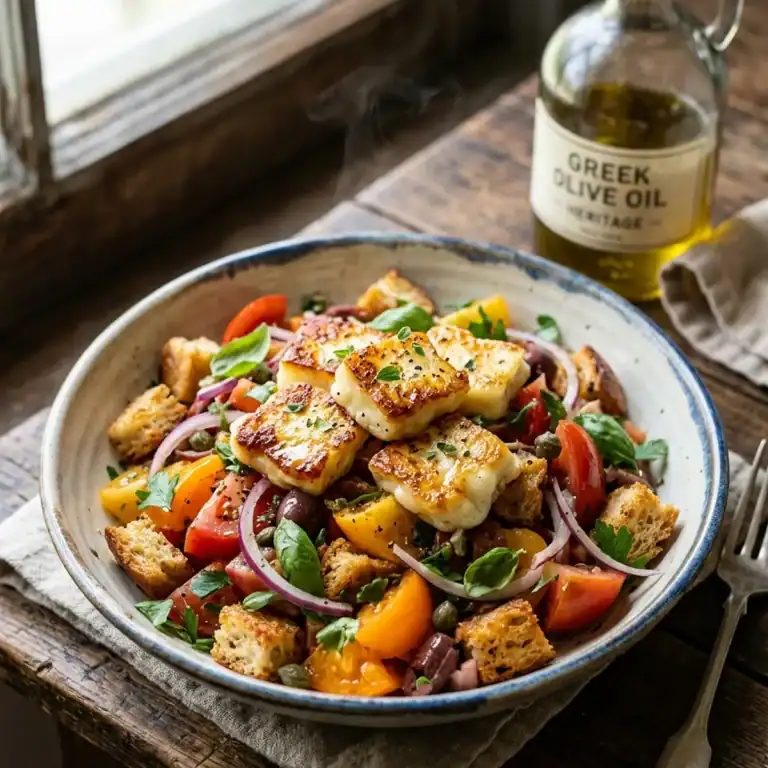 Rustikale Schale mit buntem Tomaten-Brotsalat, roten Zwiebeln und knusprig angebratenen Saganaki-Käsewürfeln.
