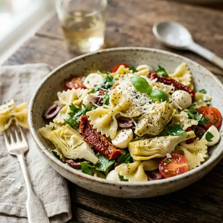 Bunter Farfalle-Nudelsalat mit getrockneten Tomaten, Artischockenherzen, Mini-Mozzarella und Oliven in einer rustikalen Schale.