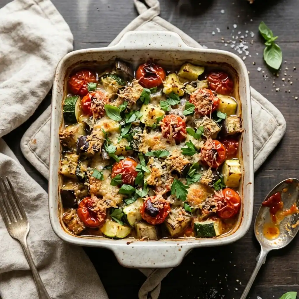 Dampfender Zucchini-Auberginen-Auflauf mit geschmolzenem Parmesan und Kirschtomaten in einer rustikalen Keramikform aus der Vogelperspektive.