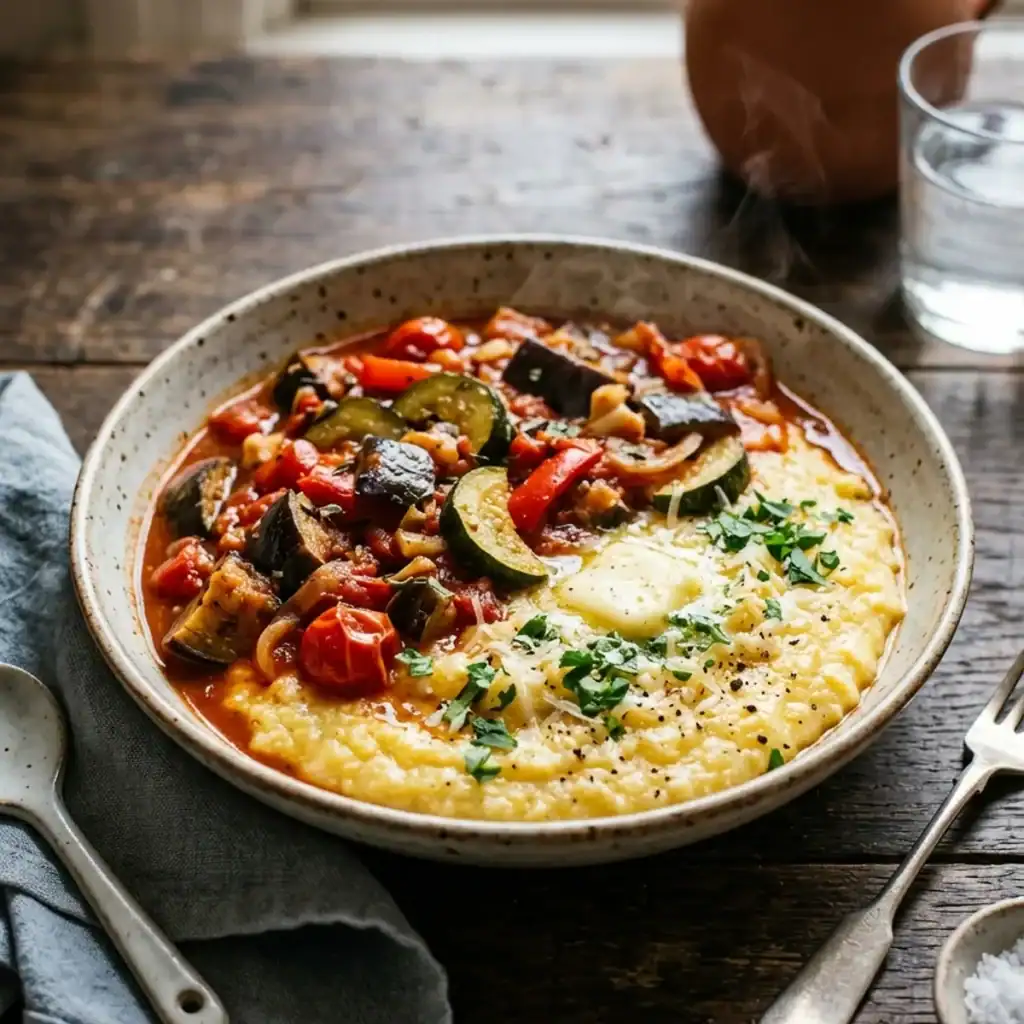 Cremige gelbe Parmesan-Polenta in einer Schale, getoppt mit kräftig rotem Gemüseragout aus Auberginen, Zucchini und Paprika, garniert mit frischer Petersilie.