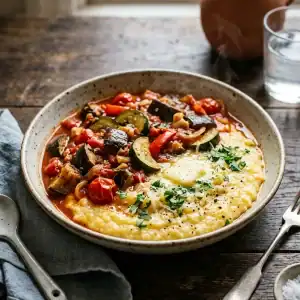 Cremige gelbe Parmesan-Polenta in einer Schale, getoppt mit kräftig rotem Gemüseragout aus Auberginen, Zucchini und Paprika, garniert mit frischer Petersilie.