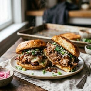 Knusprig überbackene weiche Brötchen belegt mit saftigem mexikanischem Schweinefleisch, zerlaufenem Mozzarella und dunkel karamellisierten Zwiebeln.