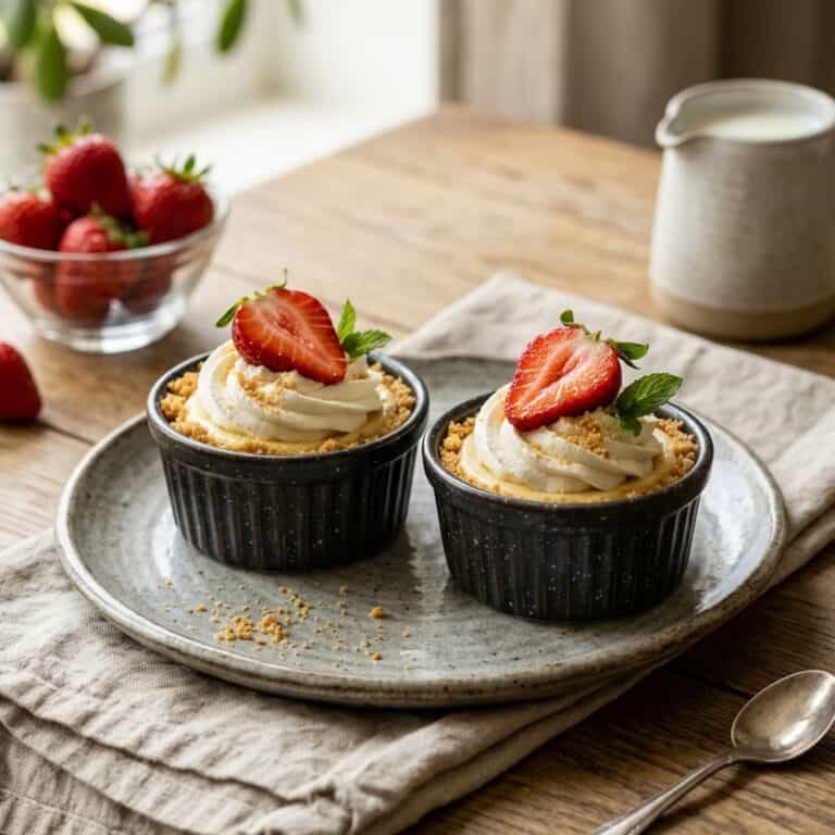 Mehrere kleine Mini-Käseküchlein in Papierförmchen, garniert mit weißer Schlagsahne und frischen roten Erdbeeren auf einer hübschen Etagere.