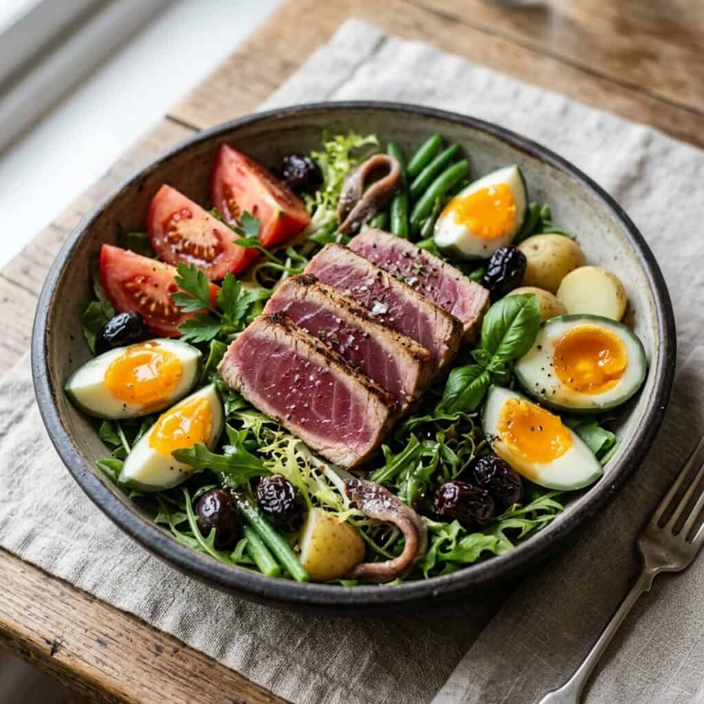 Große weiße Servierplatte mit buntem Nizza-Salat, belegt mit rosa gebratenen Thunfischtranchen, geviertelten gekochten Eiern, reifen Tomatenspalten und schwarzen Oliven, beträufelt mit dunkler Oliven-Vinaigrette.