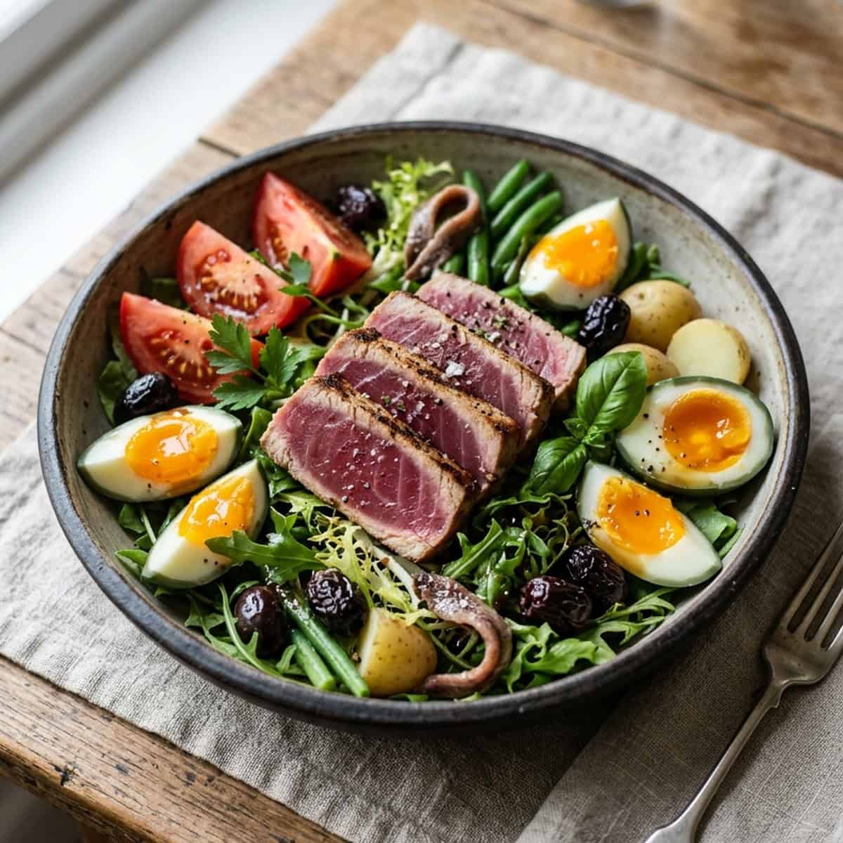 Frischer Nizza-Salat mit kurz gebratenem Thunfisch und Oliven-Vinaigrette