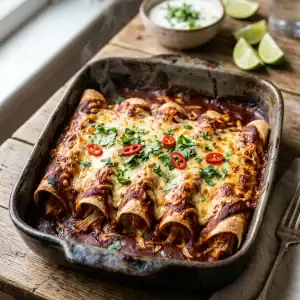Überbackene Enchiladas in einer Keramikauflaufform, bedeckt mit roter Sauce, geschmolzenem goldbraunem Käse und frischem Koriander.