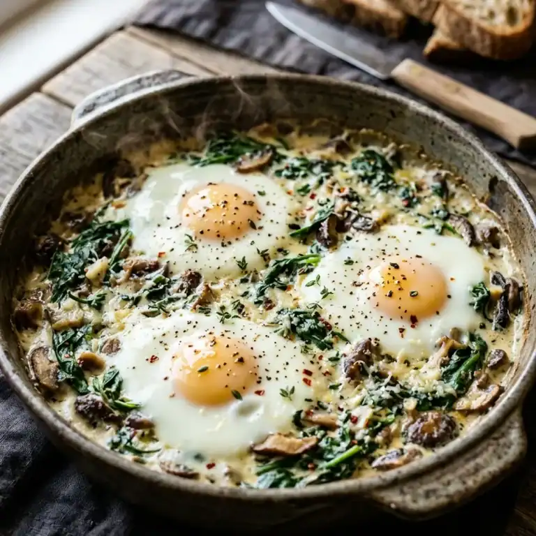 Große Auflaufform mit zwölf im Ofen gebackenen Eiern auf sautiertem Rahmspinat und Champignons, bestreut mit Parmesan.