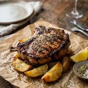 Saftiges, gegrilltes Schweinekotelett serviert auf goldbraun gerösteten Zitronenkartoffeln mit Oregano und Zitrone.