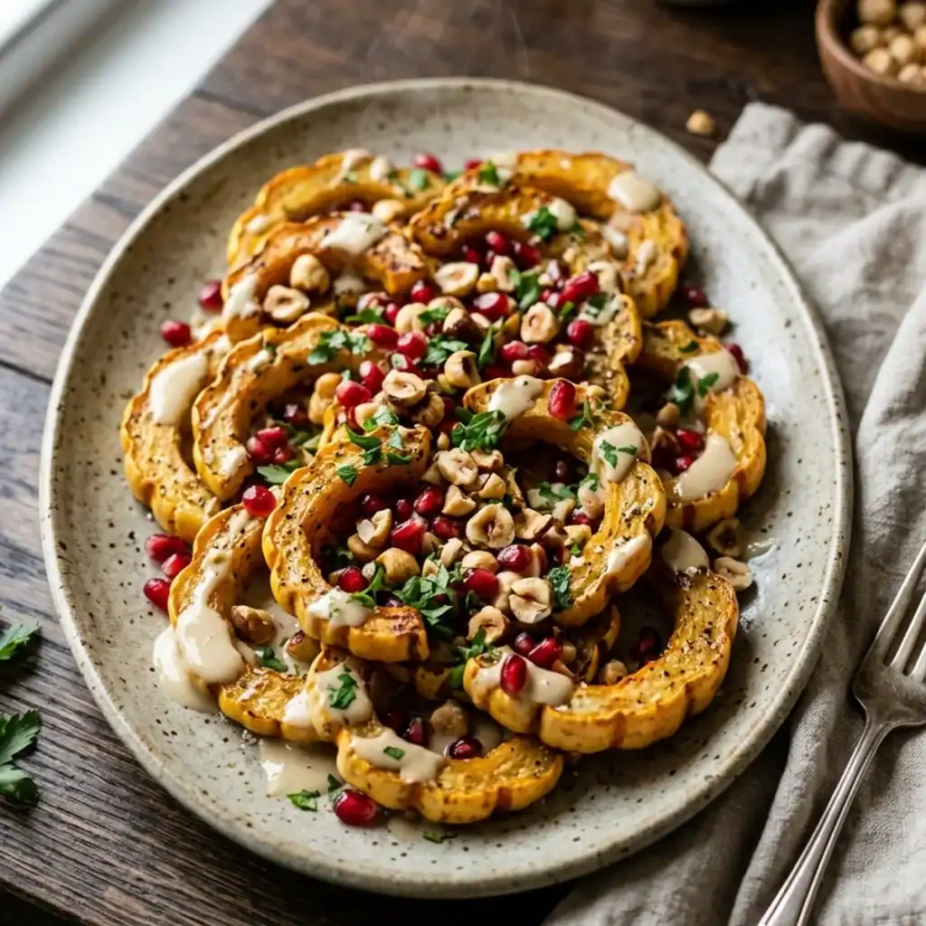 Karamellisierte Kürbisspalten auf einer Platte, garniert mit heller Sesamsauce, roten Granatapfelkernen und gehackten Haselnüssen.