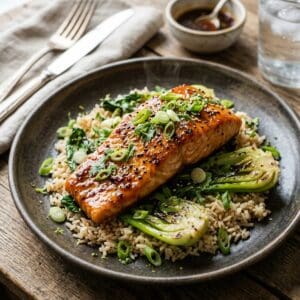 Zart gegartes Lachsfilet mit glänzender Honig-Knoblauch-Glasur frisch aus dem Ofen serviert