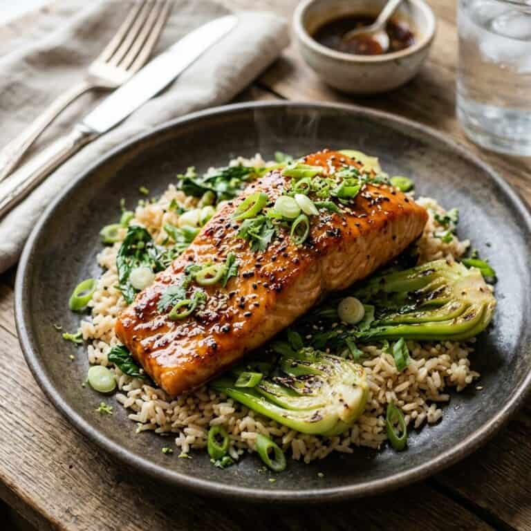 Zart gegartes Lachsfilet mit glänzender Honig-Knoblauch-Glasur frisch aus dem Ofen serviert