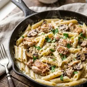 Cremige One-Pot-Pasta mit gebratenen Hähnchenstreifen, Champignons und Parmesan in einer gusseisernen Pfanne