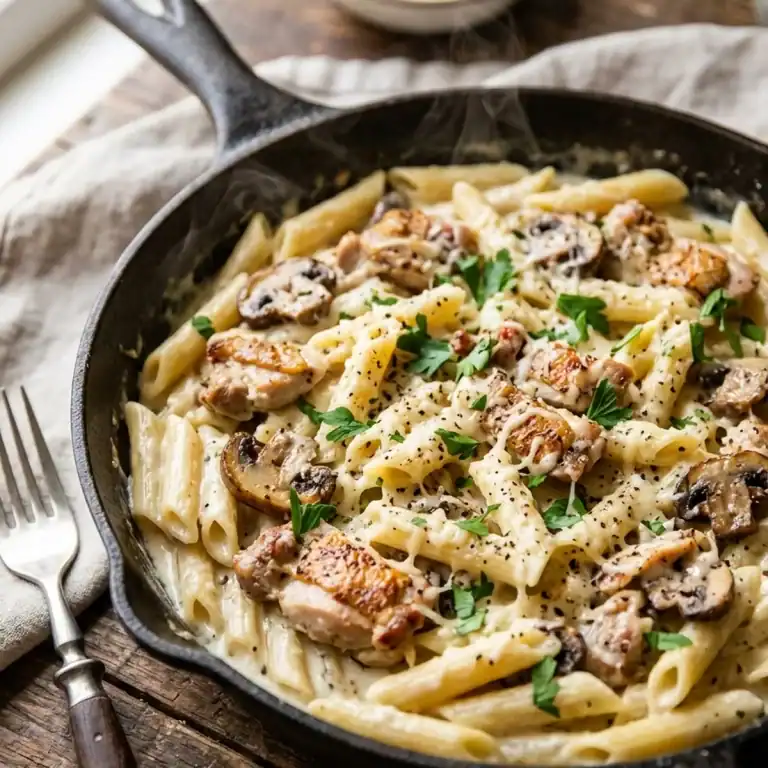 Cremige One-Pot-Pasta mit gebratenen Hähnchenstreifen, Champignons und Parmesan in einer gusseisernen Pfanne
