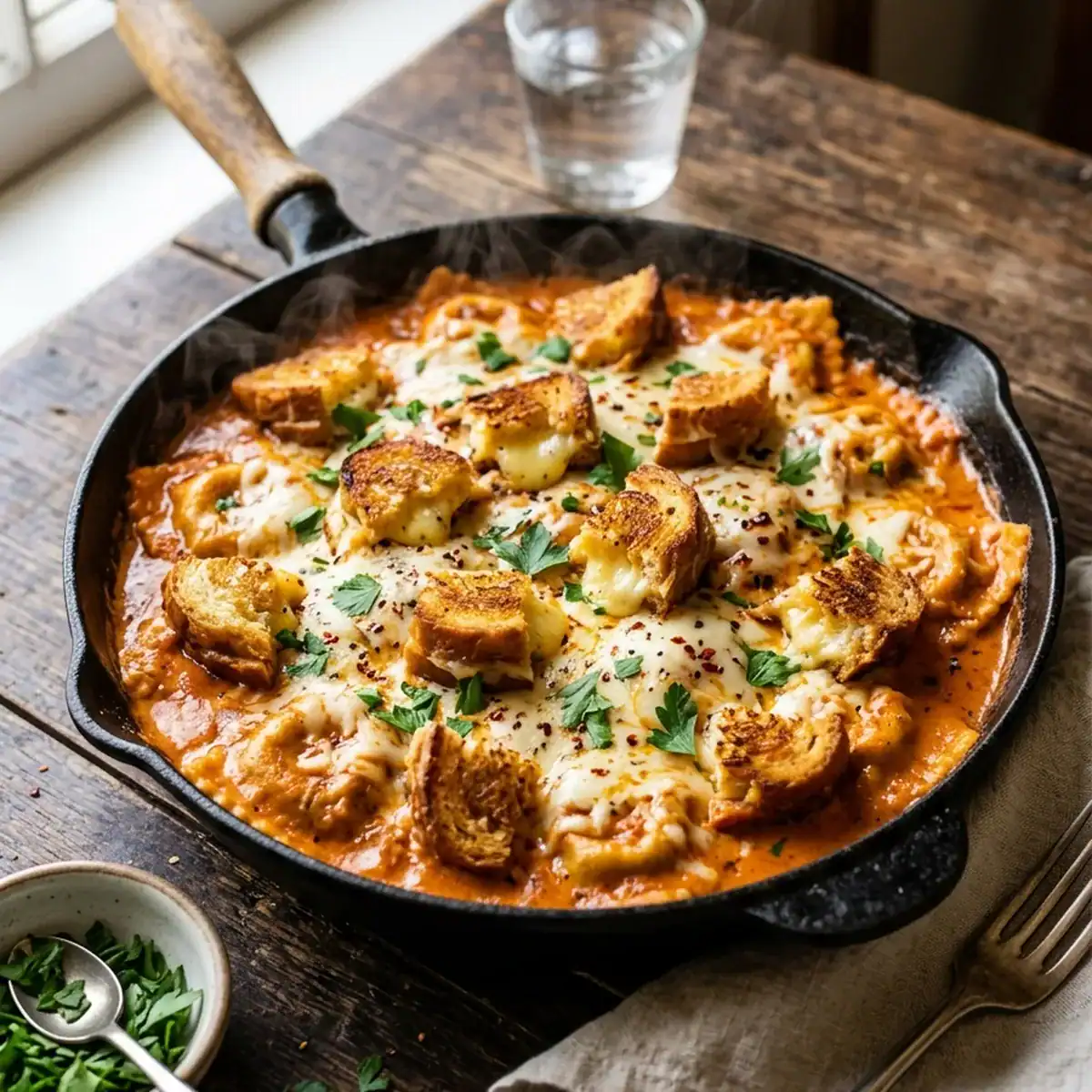 Cremige One-Pot-Ravioli mit Hackfleisch und knusprigen Käse-Croutons
