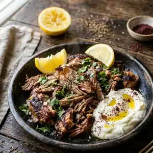 Saftig geschmortes und knusprig angebratenes orientalisches Pulled Lamb auf einer rustikalen Servierplatte mit Koriander und Zitrone.