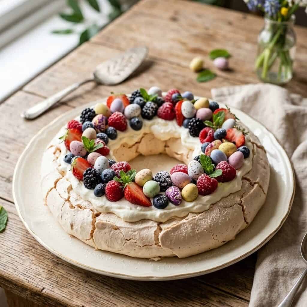 Ein schneeweißer Pavlova-Kranz, dekoriert mit geschlagener Vanillesahne, frischen Erdbeeren, Himbeeren, Heidelbeeren und bunten Schoko-Ostereiern auf einer Tortenplatte.