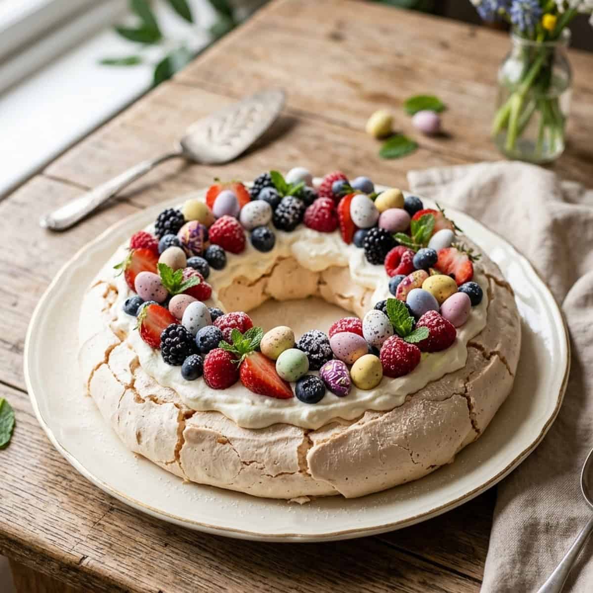 Festlicher Oster-Pavlova-Kranz mit Vanillesahne, bunten Beeren und Schokoeiern