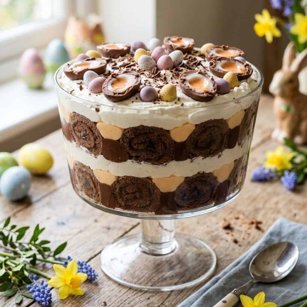 Cremiges Oster-Trifle in einer großen Glasschale, geschichtet mit Biskuitrollenscheiben, Schokocreme, Vanillepudding und garniert mit halbierten Schoko-Ostereiern