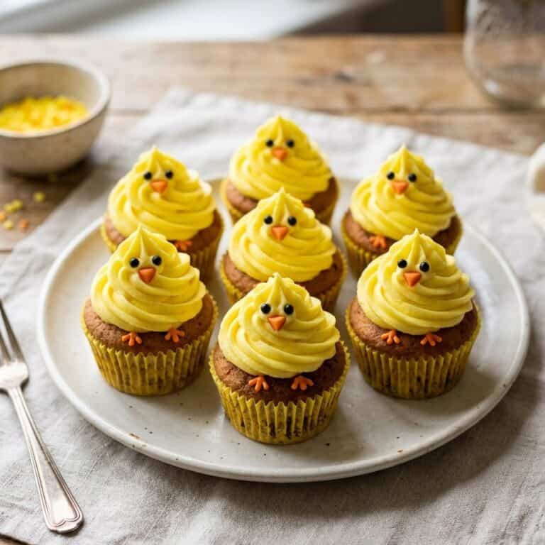 Helle Cupcakes mit gelben Buttercreme-Küken, verziert mit kleinen schwarzen Augen und orangen Schnäbeln auf einer Tortenplatte