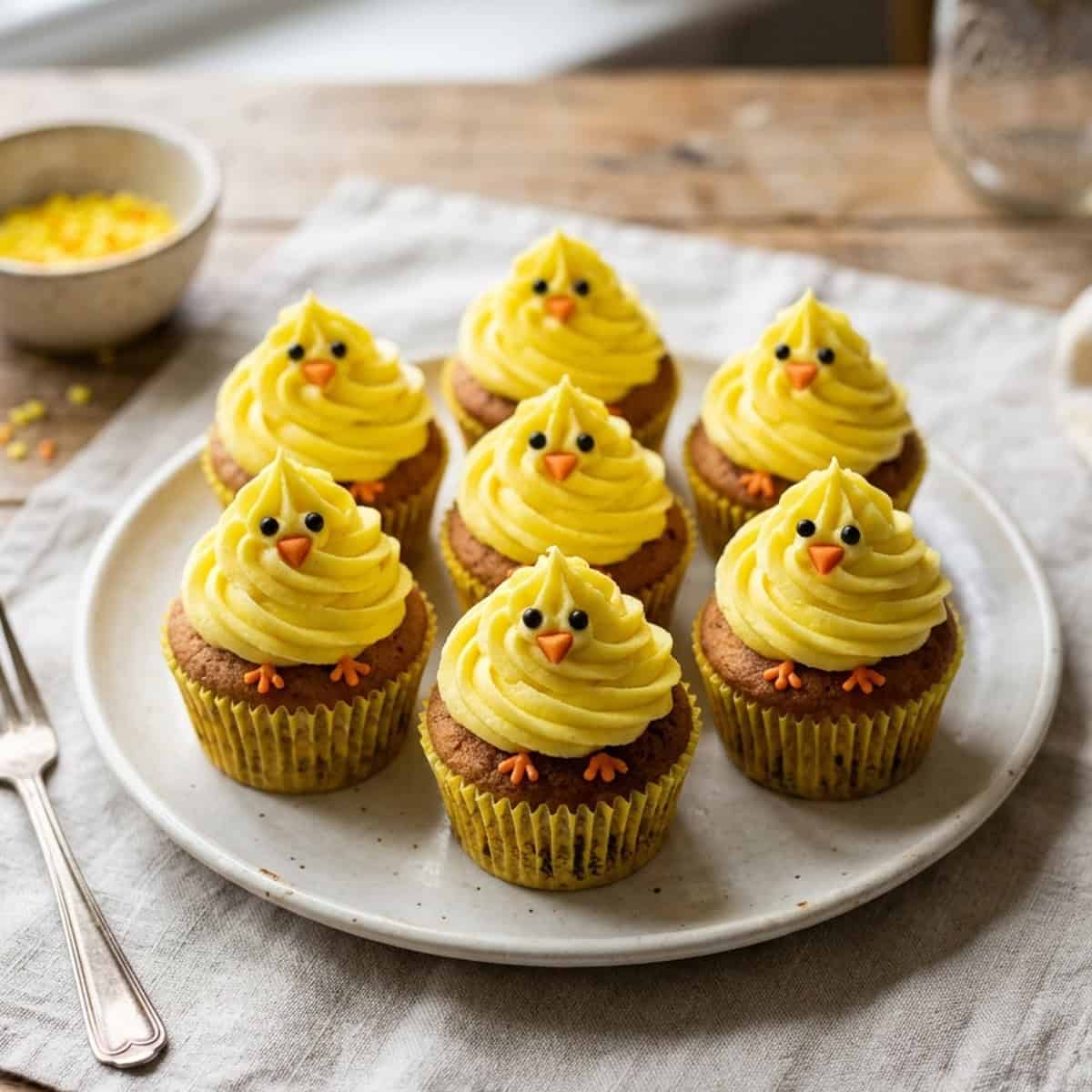 Süße Zitronen-Küken-Cupcakes für die Ostertafel