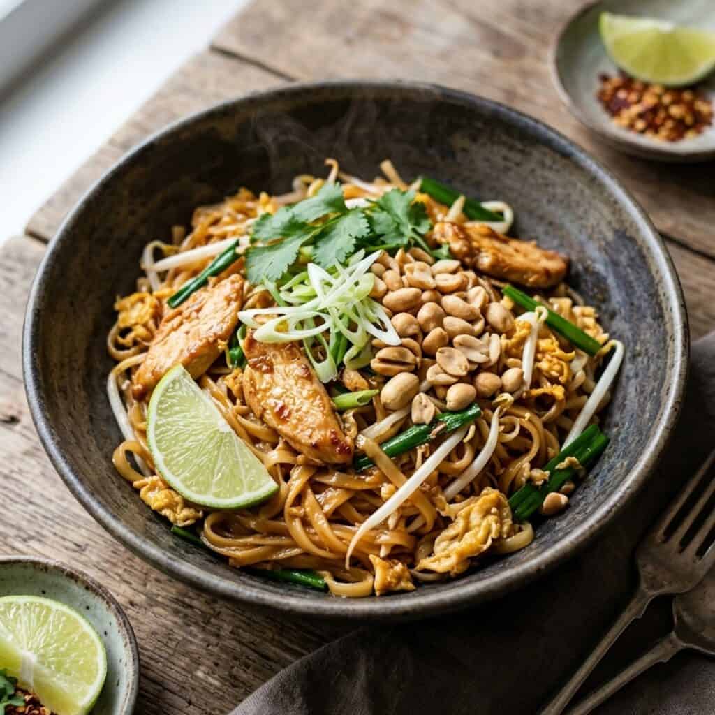 Frisch zubereitetes Pad Thai mit Hähnchenstreifen, Reisbandnudeln, Sojasprossen, gehackten Erdnüssen und einer Limettenspalte in einer Schale serviert.