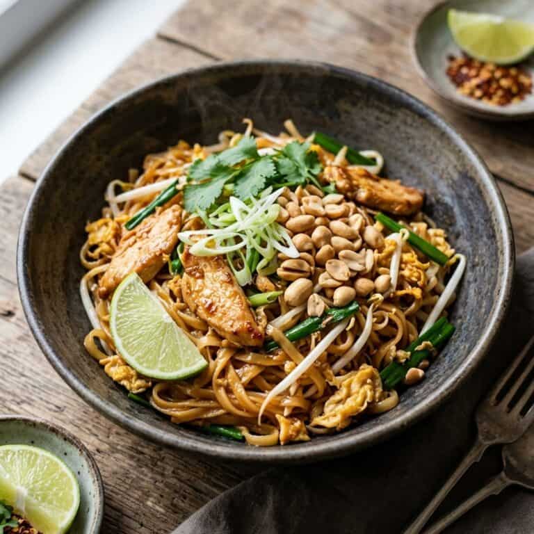 Frisch zubereitetes Pad Thai mit Hähnchenstreifen, Reisbandnudeln, Sojasprossen, gehackten Erdnüssen und einer Limettenspalte in einer Schale serviert.