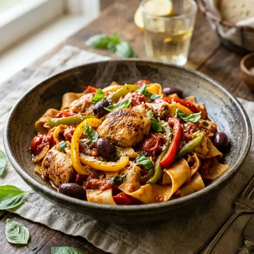 Servierfertige breite Pappardelle-Nudeln mit Hähnchenbruststücken, bunten Paprikastreifen und schwarzen Oliven in aromatischer Tomatensoße, garniert mit Basilikum.