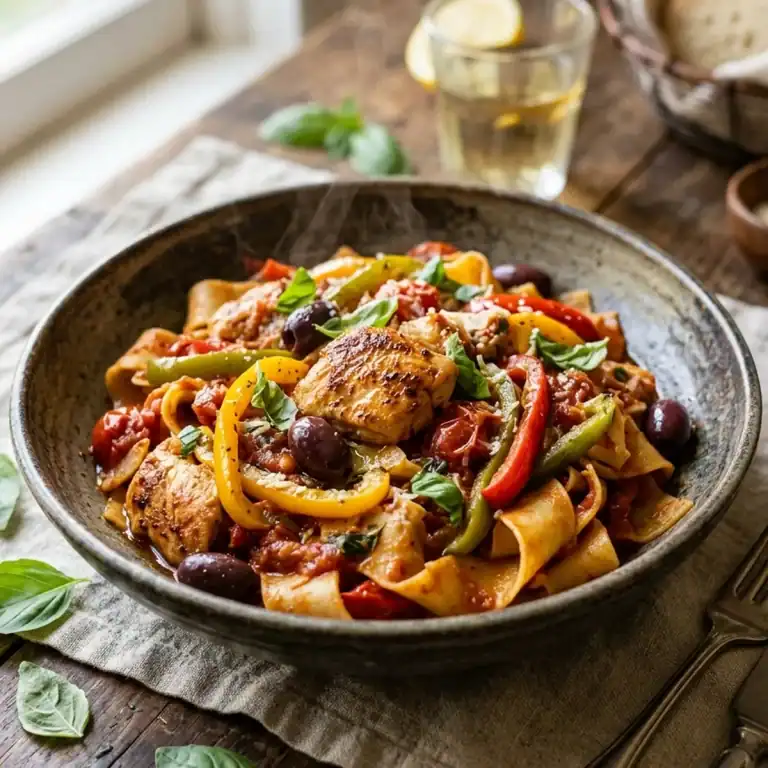 Servierfertige breite Pappardelle-Nudeln mit Hähnchenbruststücken, bunten Paprikastreifen und schwarzen Oliven in aromatischer Tomatensoße, garniert mit Basilikum.