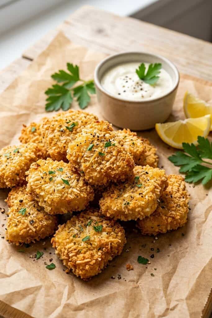 Ofenfrische knusprige Parmesan-Hähnchen-Nuggets mit Kräuterdip
