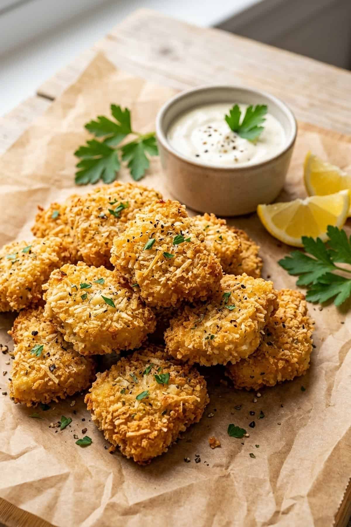 Ofenfrische knusprige Parmesan-Hähnchen-Nuggets mit Kräuterdip