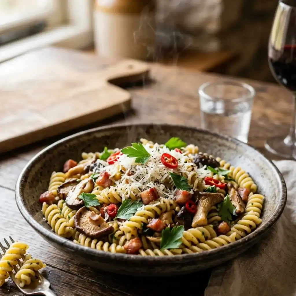 Cremig geschwenkte Fusilli lunghi mit gebratenen Steinpilzen, Shiitake, knusprigem Pancetta und frisch geriebenem Parmesan im Keramikteller.