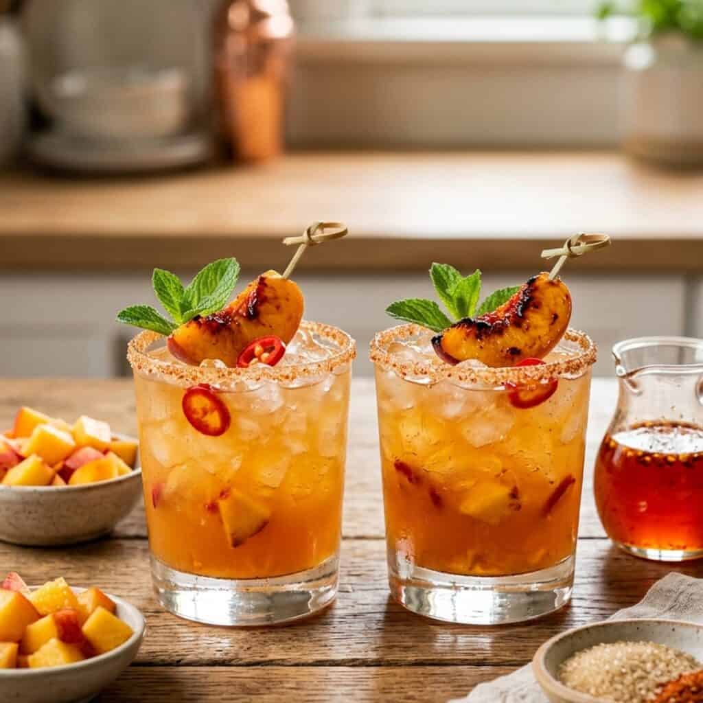 Zwei Gläser fruchtig-scharfer Pfirsich-Rum-Cocktail mit gezuckertem Glasrand, gefüllt mit Crushed Ice, karamellisierten Pfirsichspalten und frischen Chiliringen.